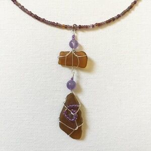 Brown Sea Glass Amethyst Crystal Gemstone Beaded Necklace Ocean Mermaid Boho